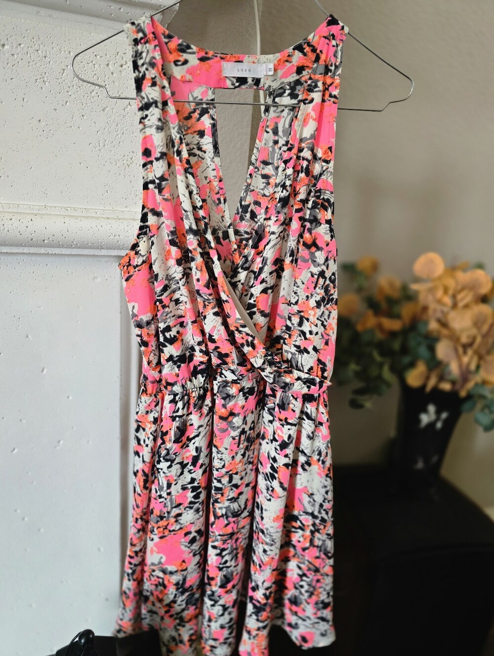 LUSH Bright Abstract Print Sleeveless Wrap Dress - Neon Pink & Black Resort Wear